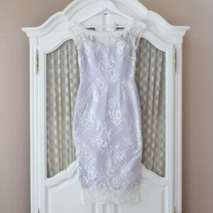 White and Lavender Lace Overlay Sheath Dress